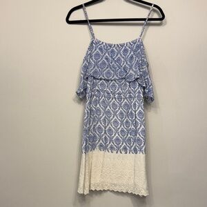 Blue and White Patterned Sundress with off the shoulder sleeves